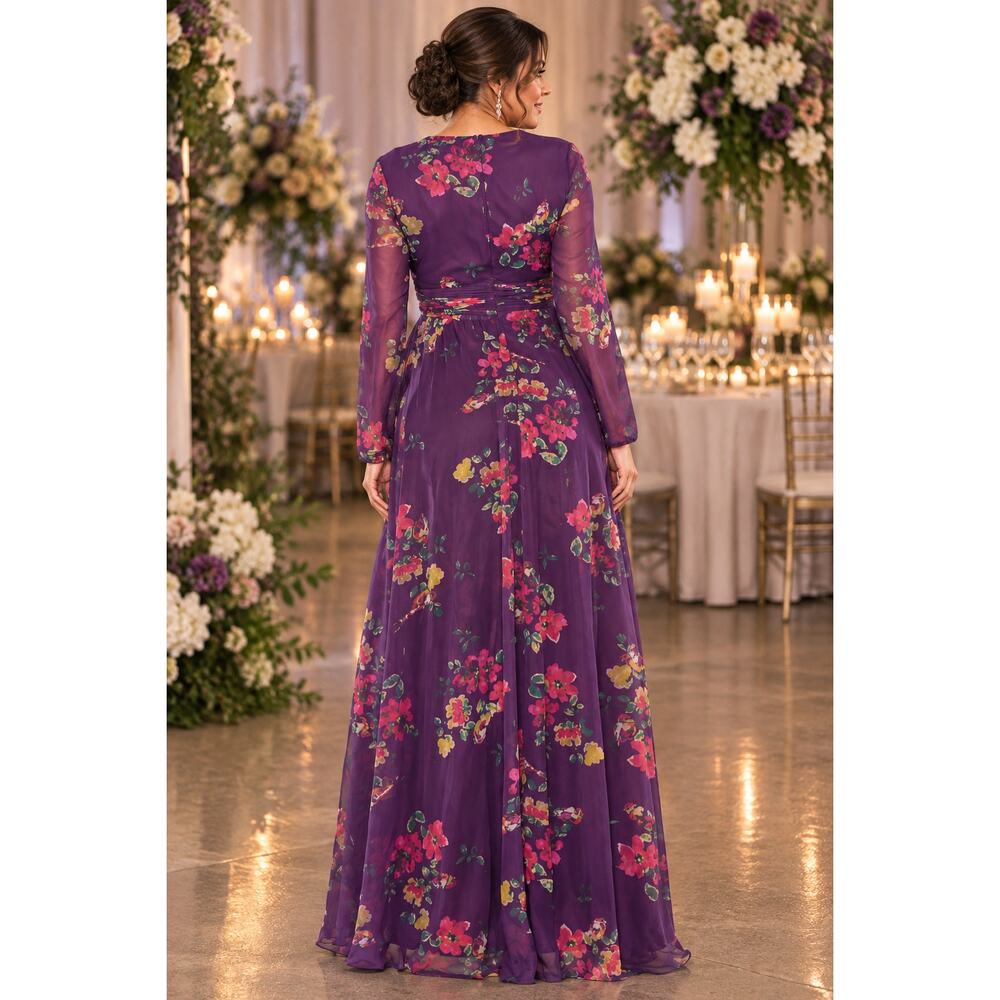 New with Tags Mac Duggal 68558 Purple Floral Chiffon Plunge Slit Gown Size 4 - Picture 3 of 16